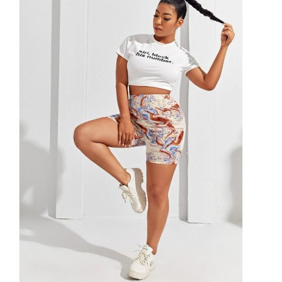 Ivory marble print plus size biker shorts chestnut brown /blue 1X 2X 4X 14 16 20 - Picture 2 of 3